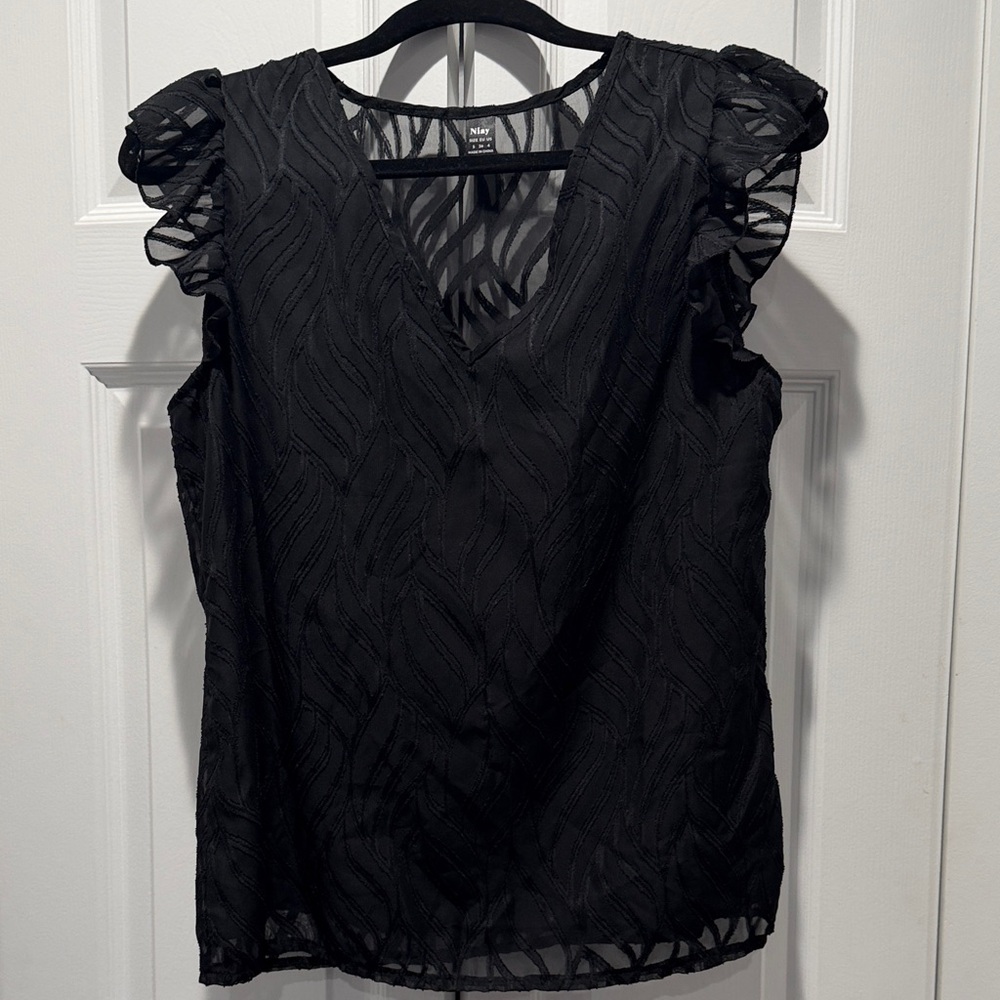 Niay 90s Sheer Whimsical Cottagecore Women’s Black Ruffle Sleeve Blouse Size S